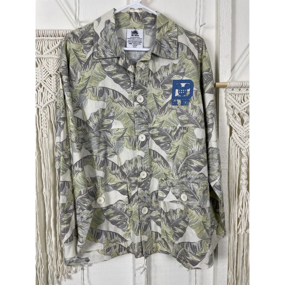 Disney Spirit Jersey Button Down Linen Palm Leaf Men Small Tropical Est 1971